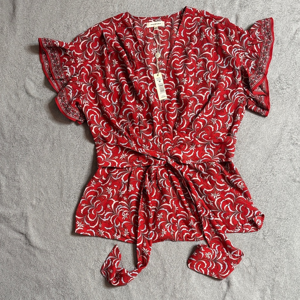 Max Studio Crimson and Ivory Patterned Wrap Blouse